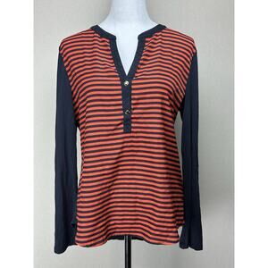 Michael Kors Women’s Sz L Navy Orange Striped Top Long Sleeve V-Neck